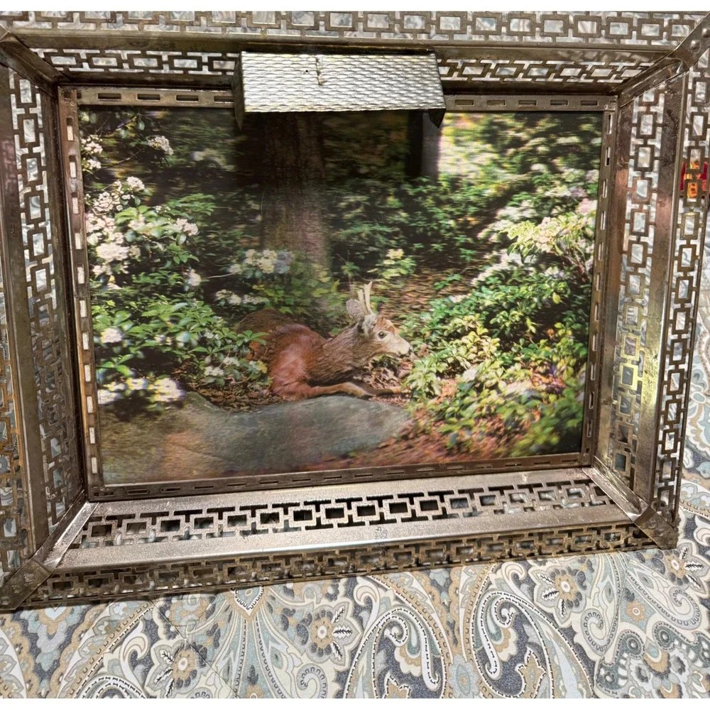 Lenticular 60s  Lighted Deer Picture Frame Ornate Metal Fretwork Woodland‎ 19x15
